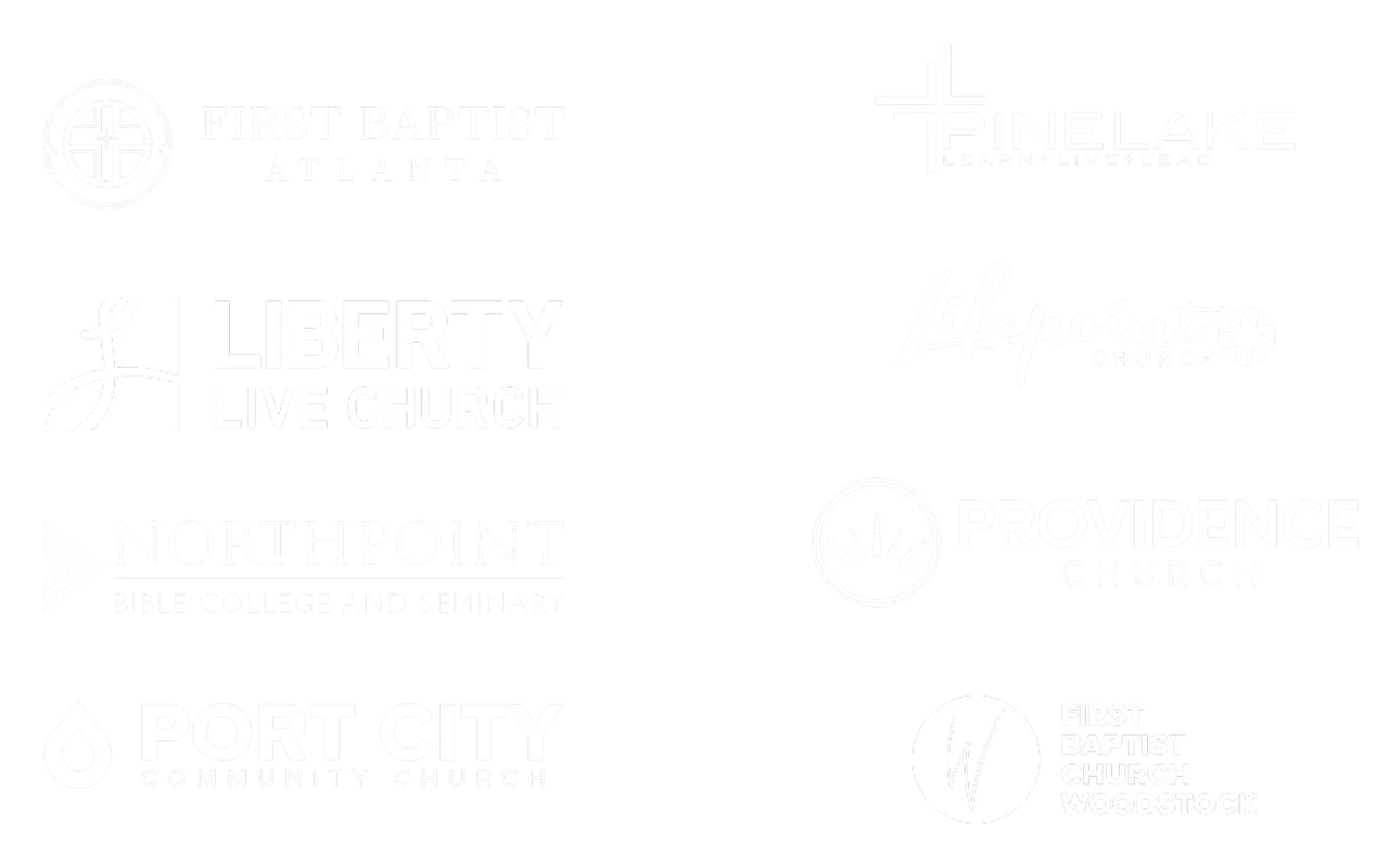 Church logos including First Baptist Atlanta, Liberty Live Church, Northpoint Bible College and Seminary, Port City Community Church, Pinelake Church, Lifepoint Church, Providence Church, and First Baptist Church Woodstock.