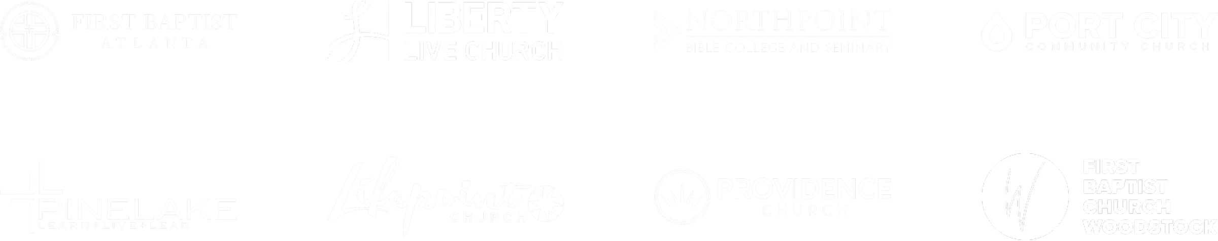 Church logos including First Baptist Atlanta, Liberty Live Church, Northpoint Bible College and Seminary, Port City Community Church, Pinelake Church, Lifepoint Church, Providence Church, and First Baptist Church Woodstock.